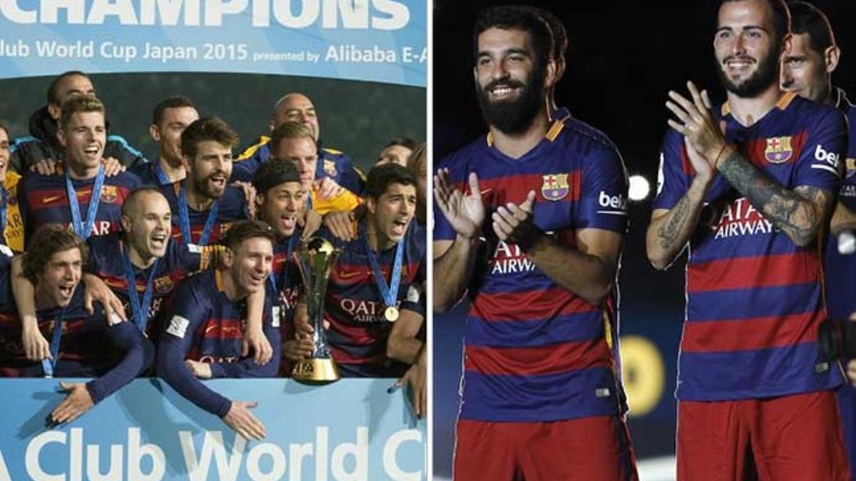 A la izquierda, la plantilla del Barça celebra la conquista del Mundiald e Clubes; a la derecha, Arda Turan y Aleix Vidal durante la presentación del FC Barcelona 2015/16