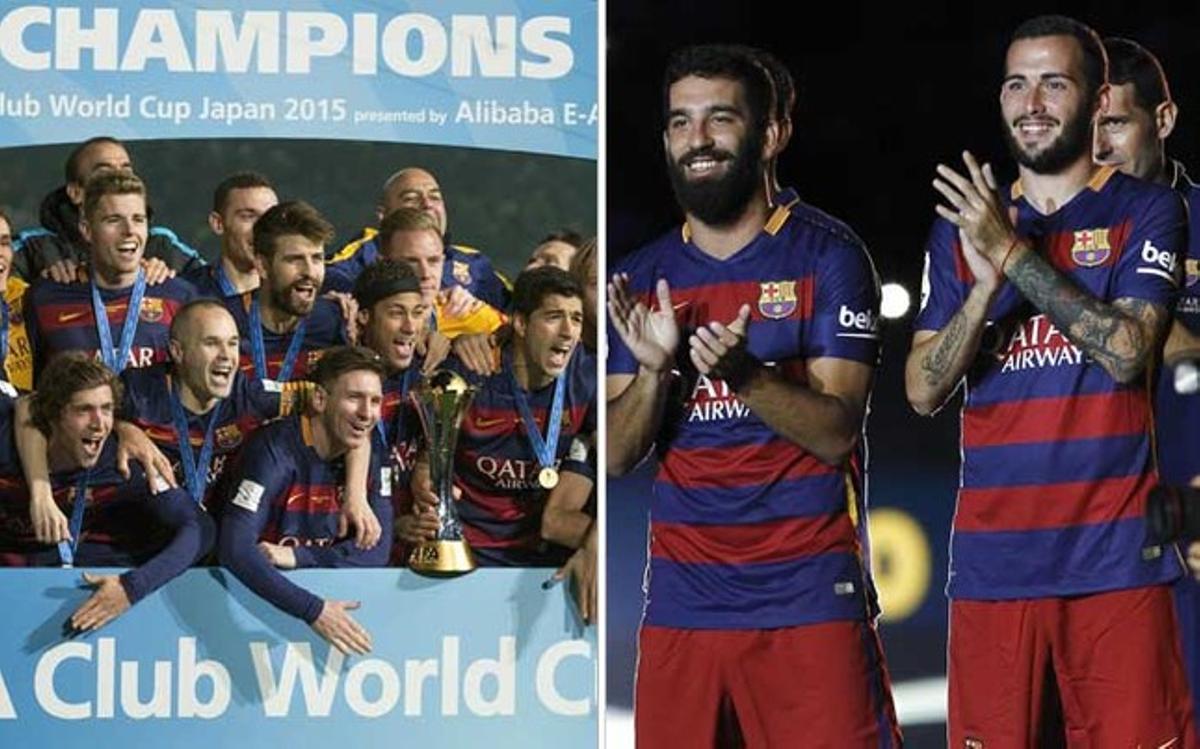 A la izquierda, la plantilla del Barça celebra la conquista del Mundiald e Clubes; a la derecha, Arda Turan y Aleix Vidal durante la presentación del FC Barcelona 2015/16