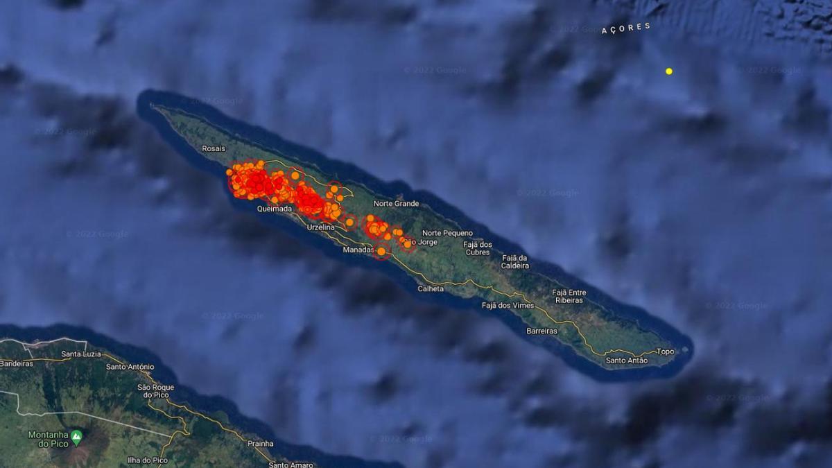 Terremotos registrados desde el pasado sábado en la isla de Sao Jorge.