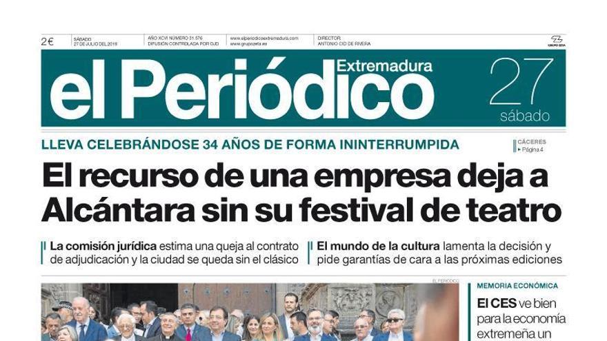 Esta es la portada de EL PERIÓDICO EXTREMADURA correspondiente al día 27 de julio del 2019