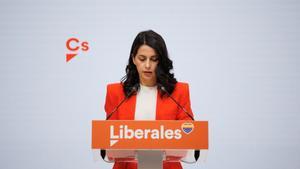 Inés Arrimadas durante su comparecencia en la sede de Cs.