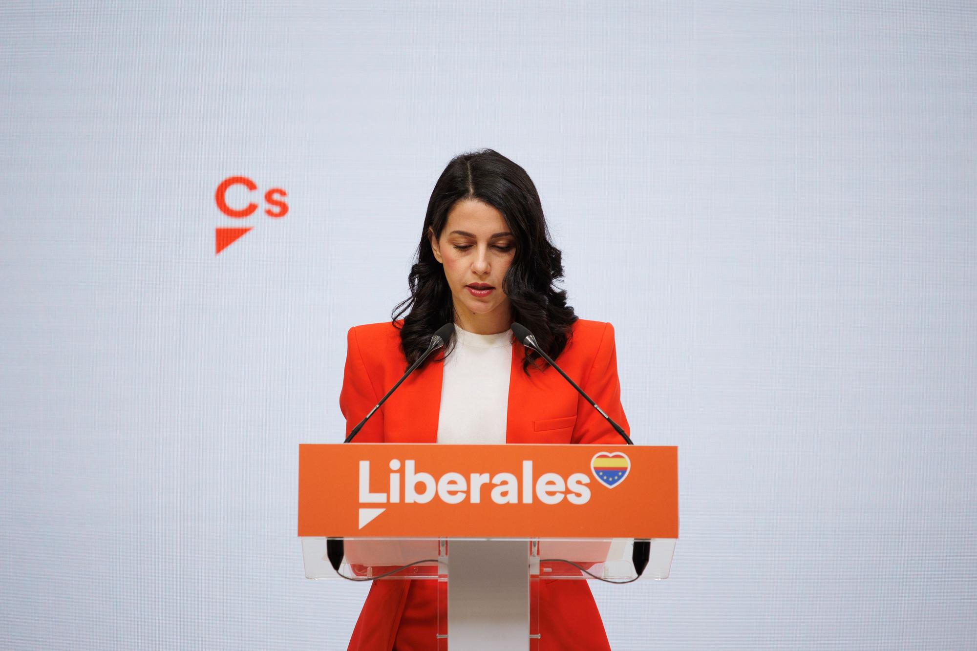 Inés Arrimadas durante su comparecencia en la sede de Cs.