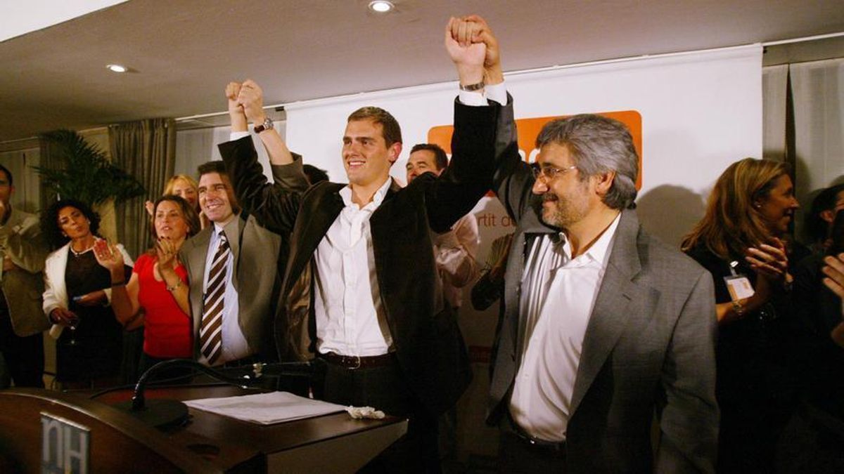 Domingo, Rivera y Robles, la noche de las eleccones del 1 de noviembre del 2006, cuando Ciutadans logró sus primeros tres diputados en el Parlament.