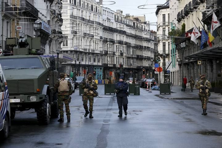 Belgian soldiers patrol in central Brussels, after security was tightened in Belgium following the fatal attacks in Paris
