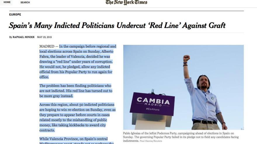 Las elecciones a la Generalitat y la corrupción, portada de The New York Times