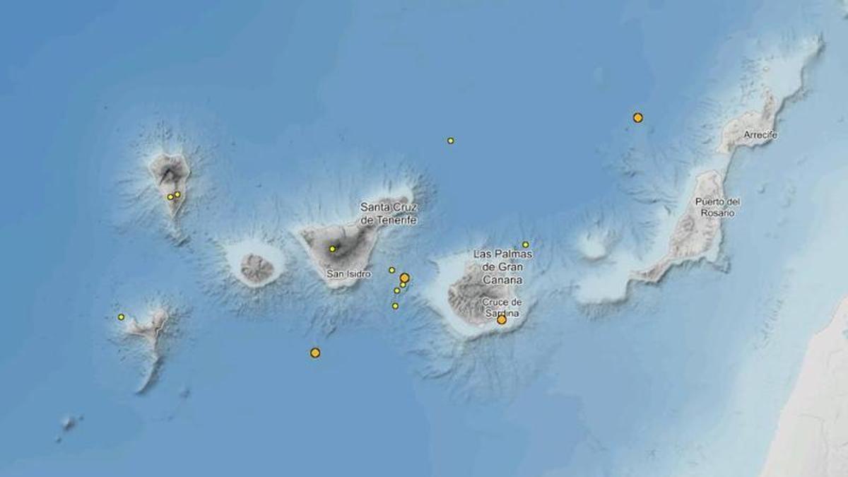 Mapa con los terremotos de Canarias.
