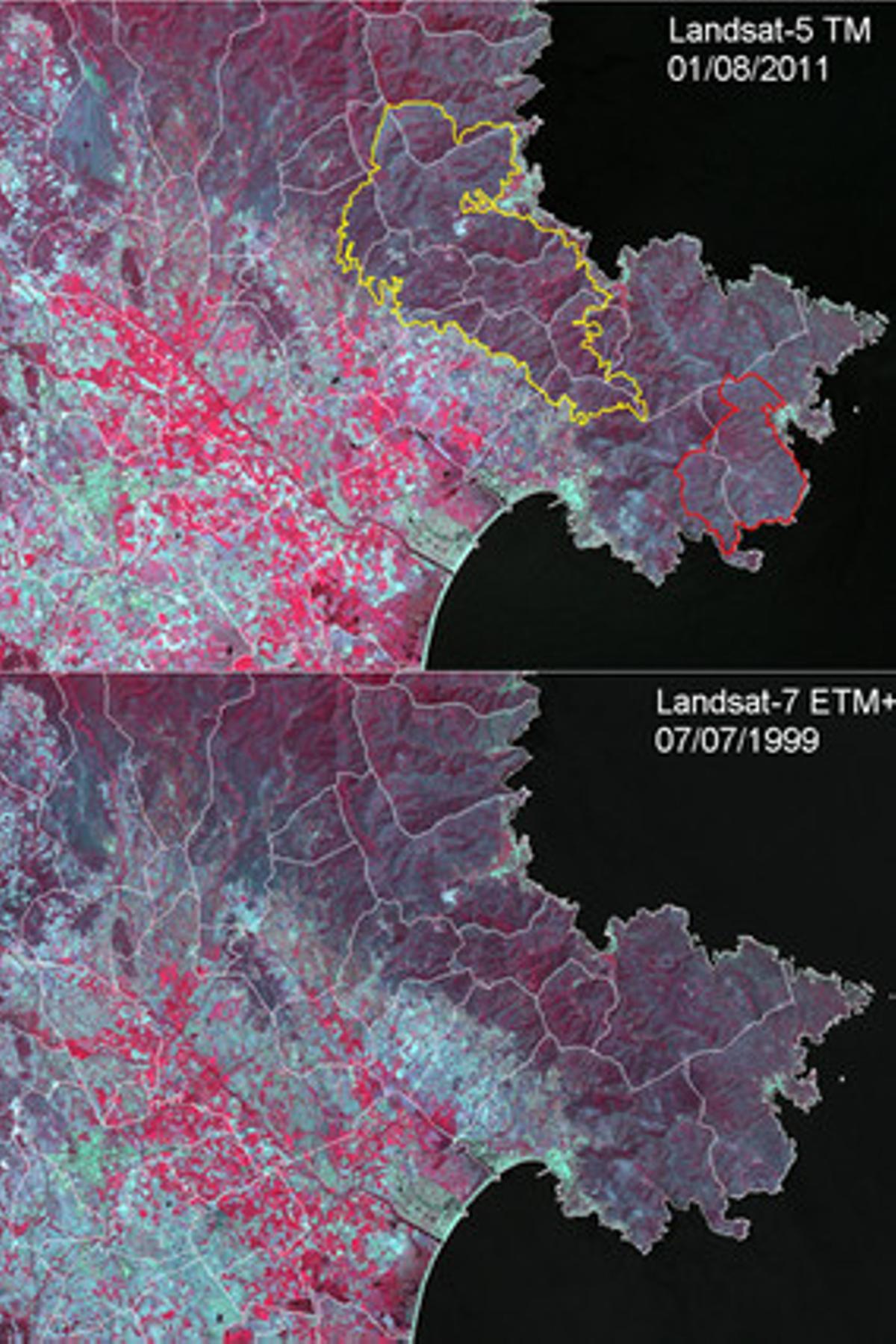 Els efectes de l’incendi al cap de Creus en dues imatges comparatives del territori fetes el 1999 (a baix) i el 2011.