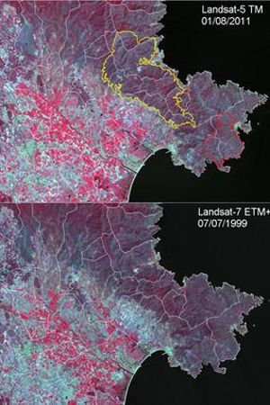 Els efectes de l’incendi al cap de Creus en dues imatges comparatives del territori fetes el 1999 (a baix) i el 2011.
