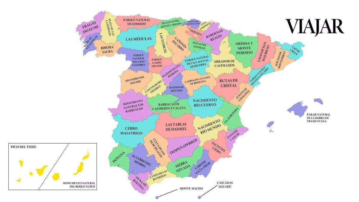 Mapa con los monumentos naturales más impresionantes de España