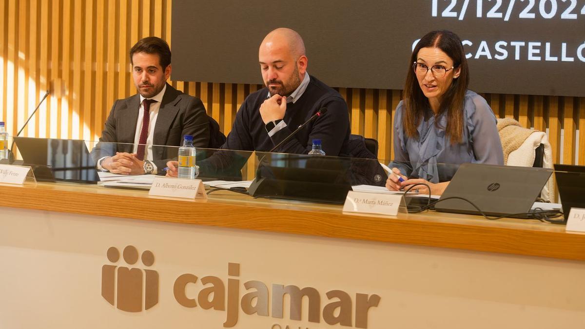 Willy Fente, el director financiero, Alberto González, el consejero delegado, y Marta Máñez, la secretaria del consejo, en la junta de accionistas del pasado año.