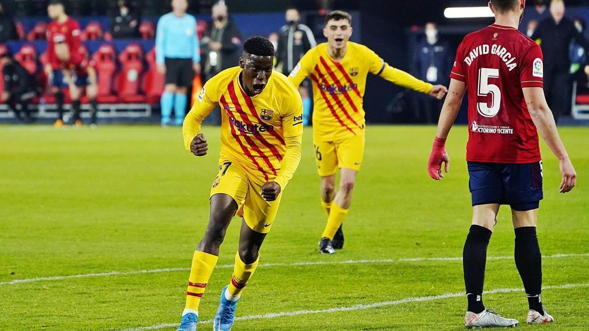 Ilaix Moriba celebra el seu primer gol amb la samarreta del primer equip del Barça ahir al Sadar.