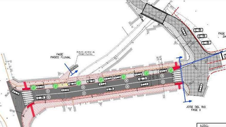 En la imagen superior, la calle José del Río, y abajo, el plano de reforma de este vial que ejecutará la Diputación. // S.A.