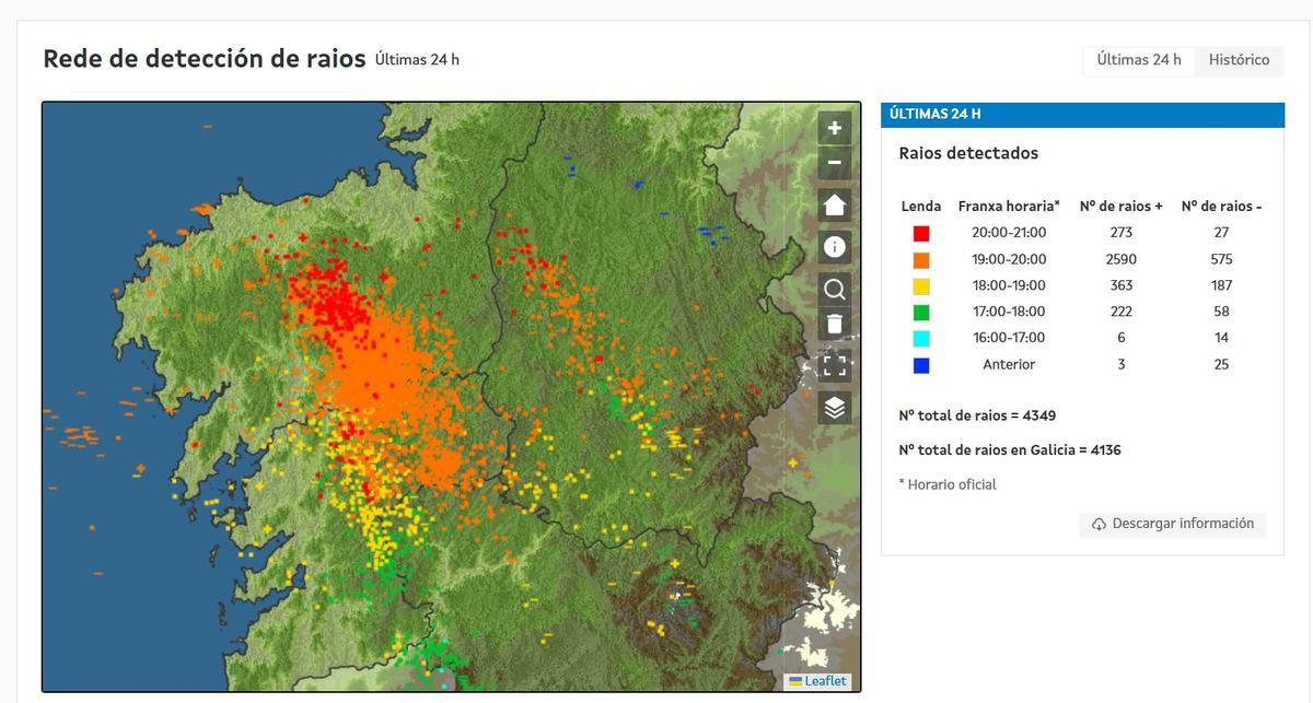 Rayos detectados en Galicia este sábado 11 de julio