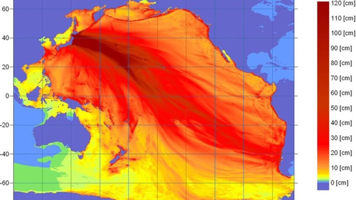 Mapa de la intensidad del tsunami, en rojo las áreas de mayor fuerza.