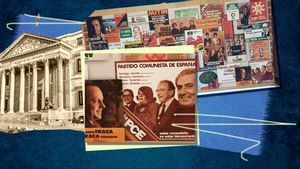 Ilustración con imágenes del cartel que muestra la exposición Democracia, Parlamento, Constitución organizada por el Congreso de los Diputados