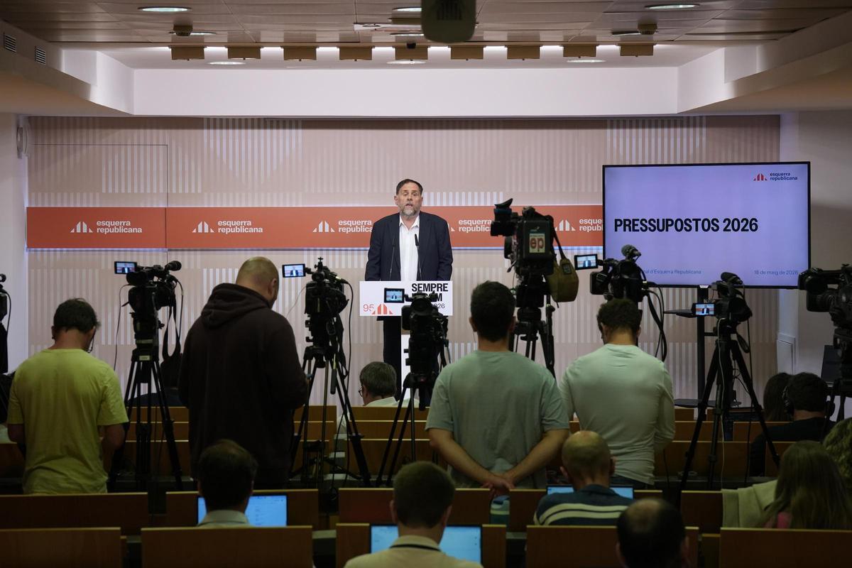 El líder de ERC, Oriol Junqueras, en su comparecencia para explicar los presupuestos.