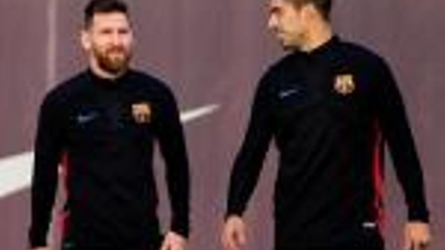 Leo Messi i Luis Suárez en l&#039;entrenament d&#039;ahir a la tarda.