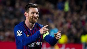 Messi celebra un gol ante el Olympique de Lyon. 