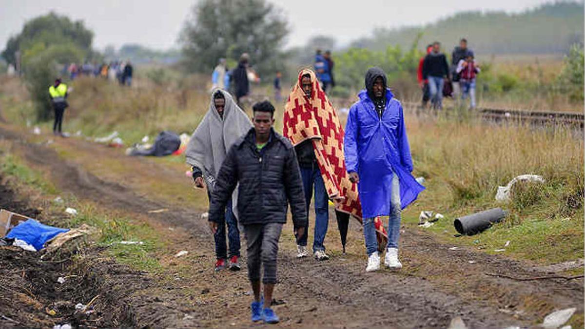 Varios refugiados entran en Hungría por el paso de Röszke, el viernes.