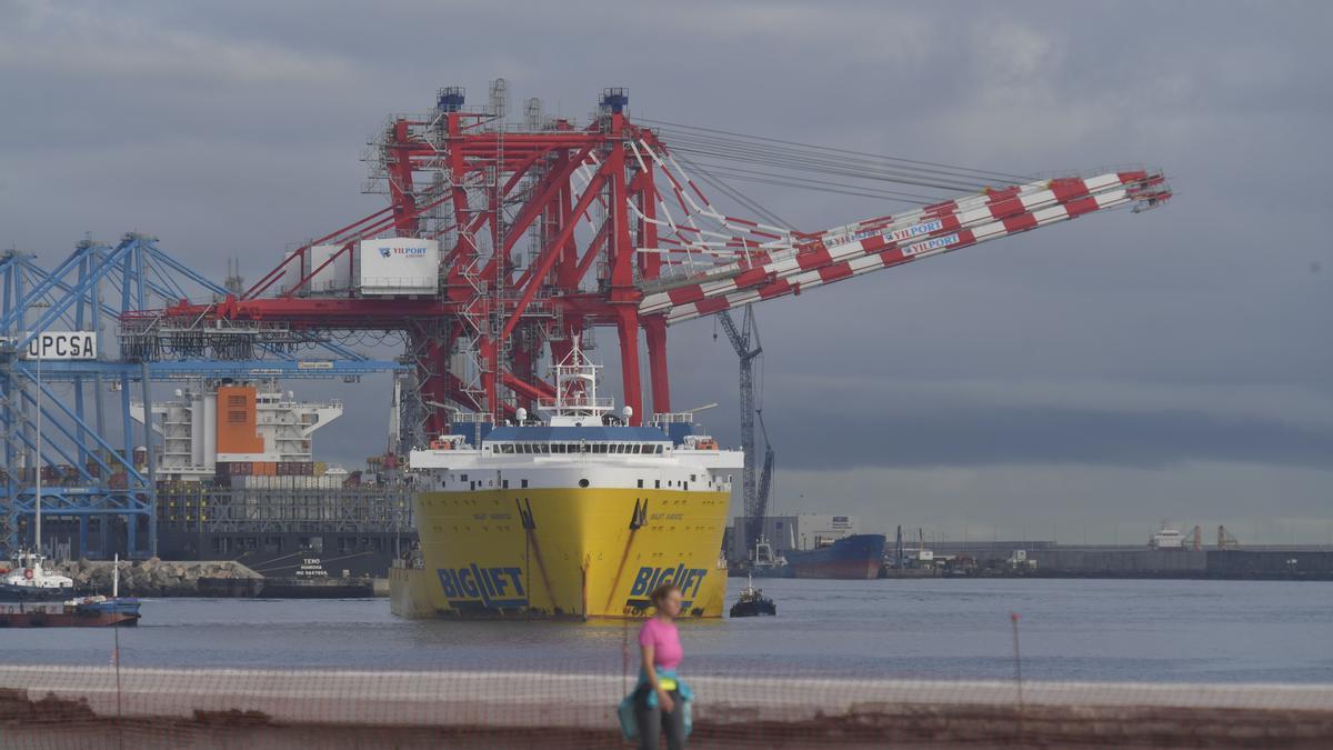 Un barco que transporta grúas efectúa una escala en el Puerto de Las Palmas.