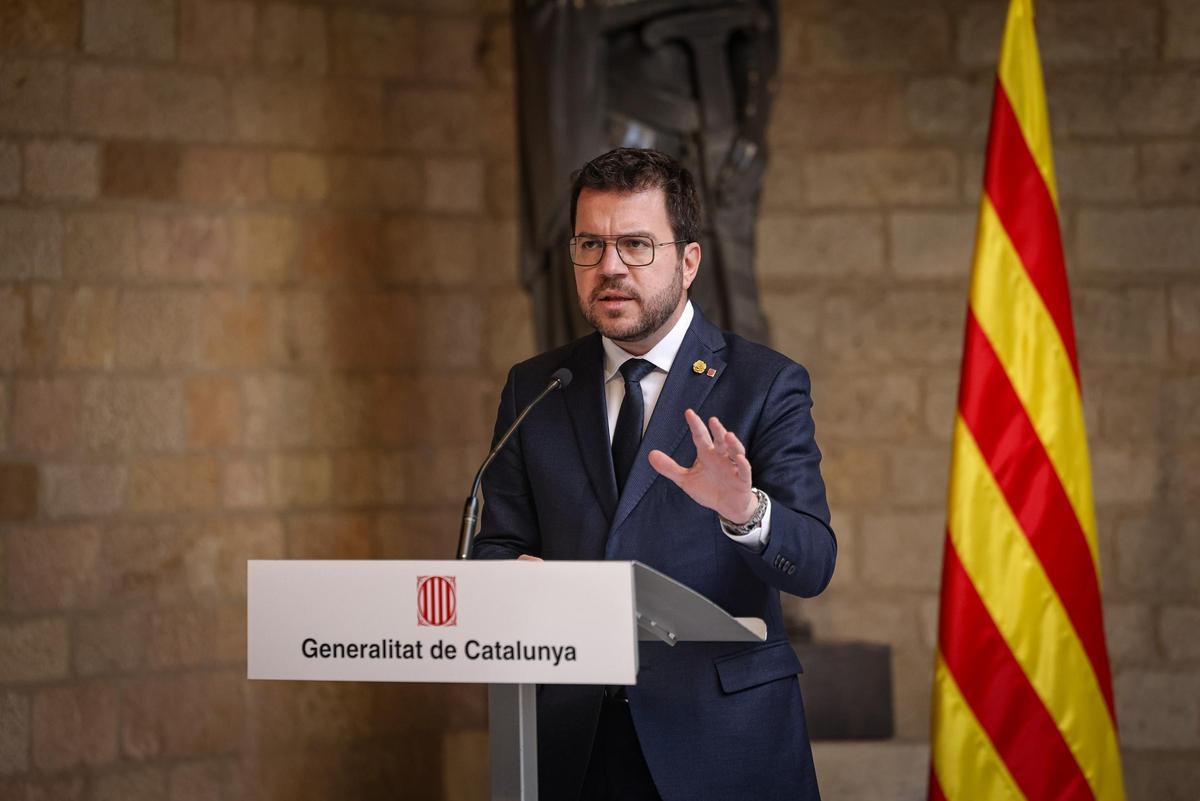 El president de la Generalitat, Pere Aragonès, en roda de premsa després de reunir-se amb el president espanyol, Pedro Sánchez