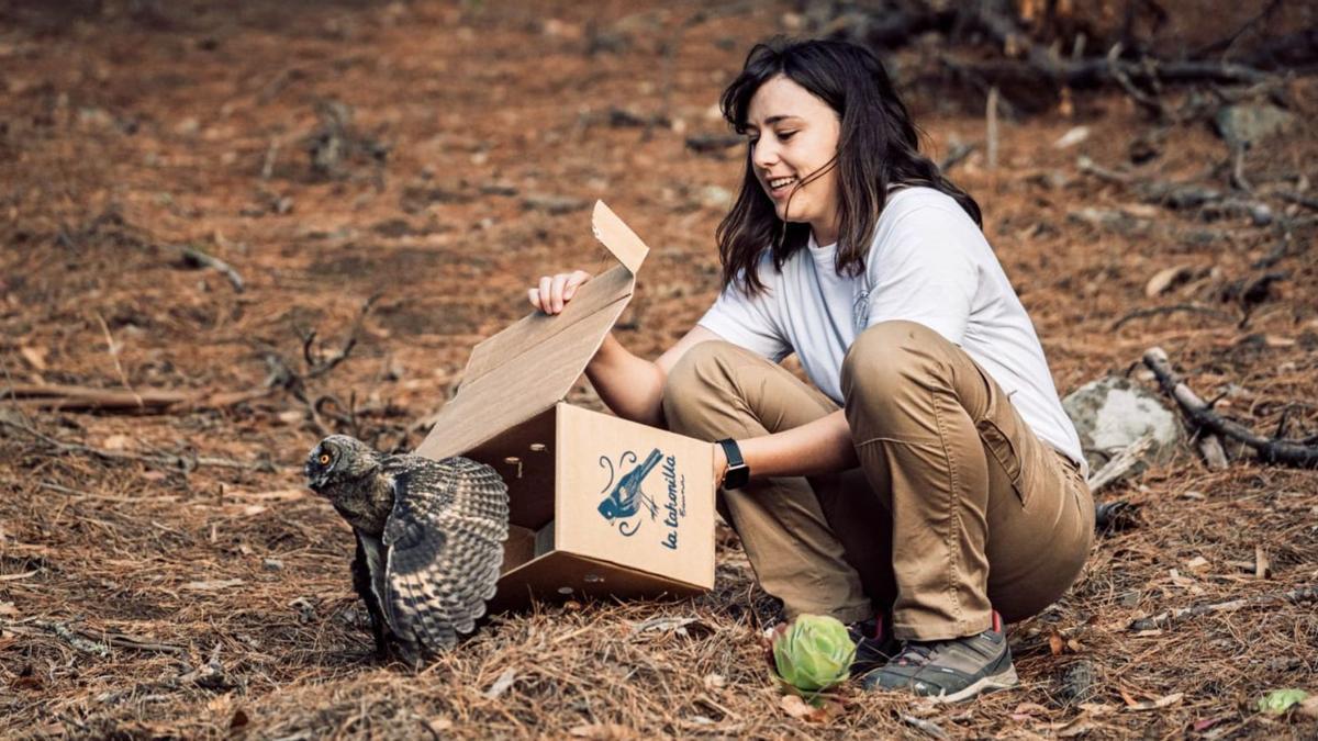 Una de las técnicos de Medio Ambiente de La Tahonilla liberando en la naturaleza a un búho chico ya recuperado