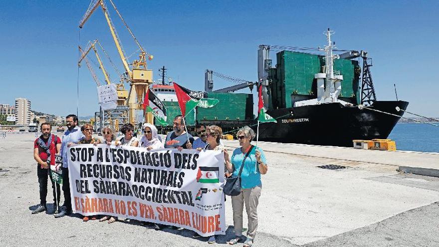 Umweltminister Vidal (2. v. li.) demonstriert in Palmas Frachthafen mit NGO-Aktivisten gegen den Sahara-Sand des Frachters „Southwestern?.