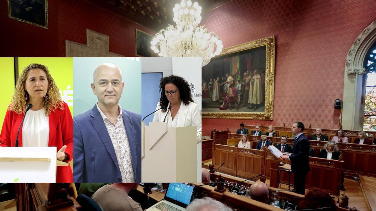 Perelló, Salas y Cladera, en imágenes de archivo, sobre una instantánea del pleno del Consell durante el Debate de Política General de 2026.