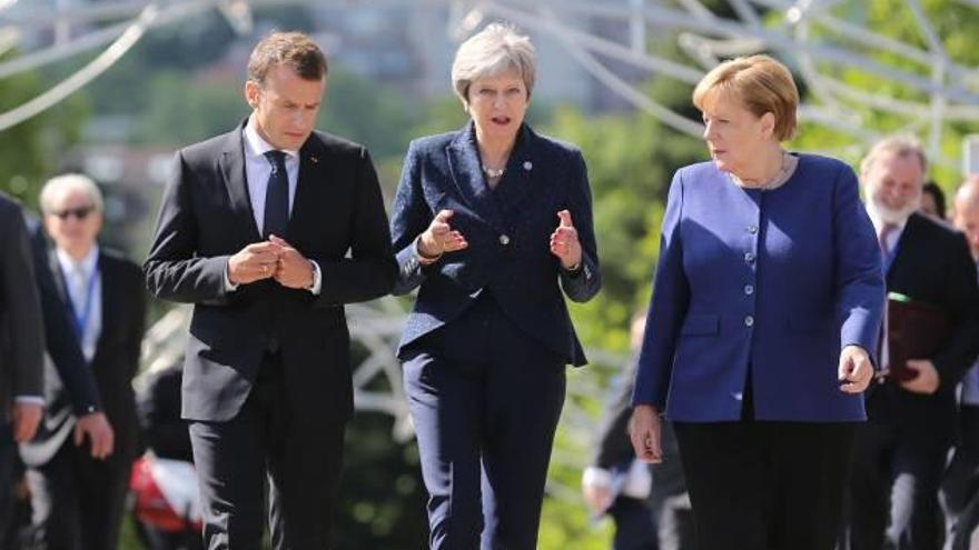 Emmanuel Macron (França), Theresa May (el Regne Unit) i Angela Merkel (Alemanya), ahir a la cimera