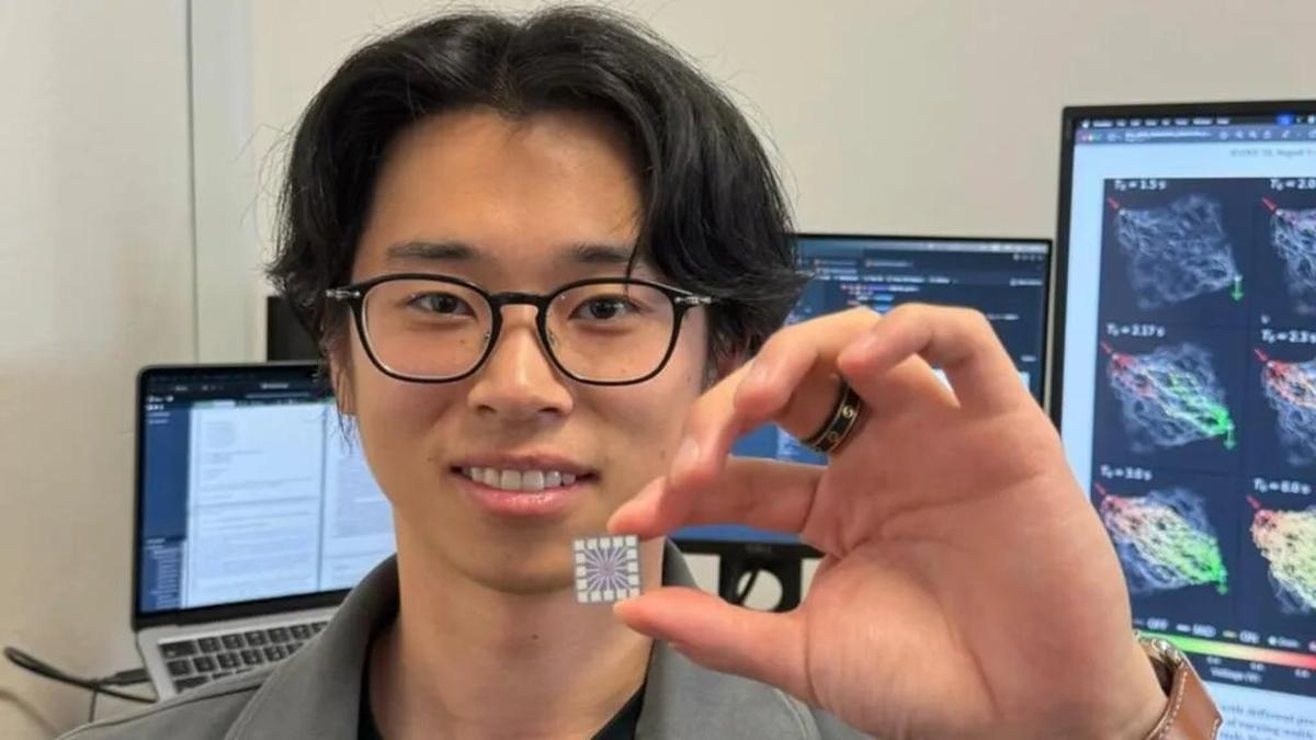 El autor principal y estudiante de doctorado, Ruomin Zhu, sostiene el chip que gestiona la red neuronal en su centro.