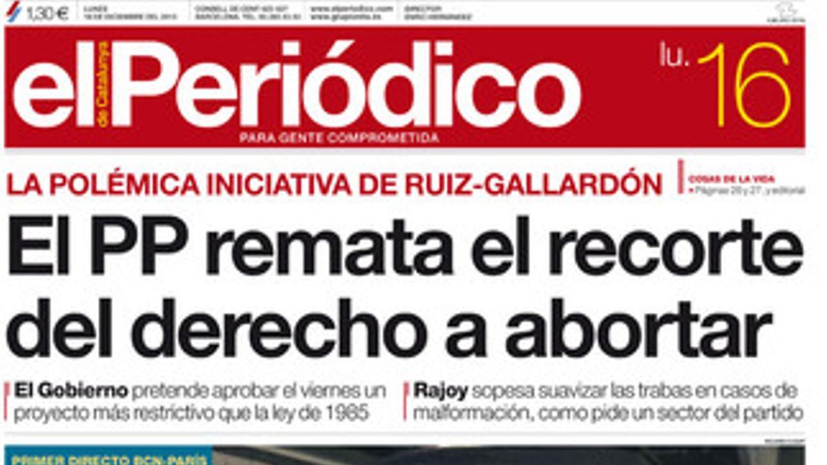 La portada de EL PERIÓDICO del 16 de diciembre del 2013.