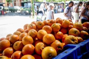 Un puesto de naranjas en un mercadillo de Madrid.