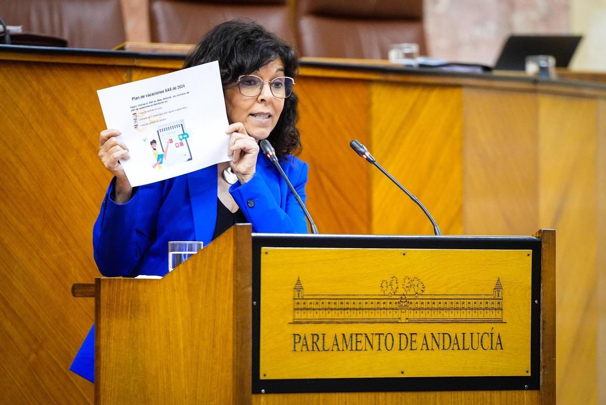 La diputada del grupo parlamentario socialista, María Ángeles Prieto, muestra un gráfico durante su intervención en el pleno del Parlamento de Andalucía en Sevilla