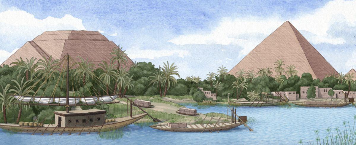 Reconstrucción artística del ahora desaparecido ramal de Khufu del río Nilo.