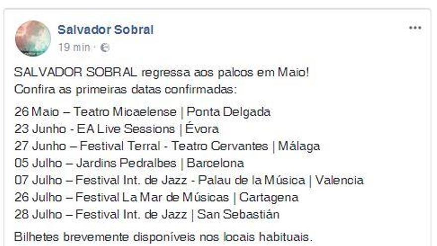 Anuncio de Salvador Sobral en su Facebook