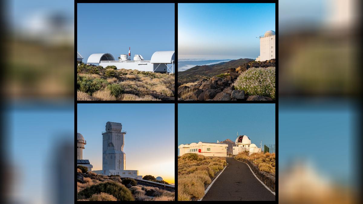 Vista de algunas de las diferentes instalaciones del Observatorio del Teide (OT) junto con la flora autóctona, las retamas.