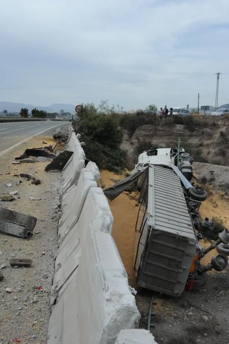 Herido el conductor de un camión en Lorca tras caer desde la autovía A-7 a una rambla