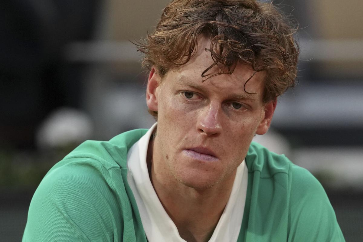 Second placed Italy's Jannik Sinner reacts after the final match of the French Tennis Open against Spain's Carlos Alcaraz at the Roland-Garros stadium in Paris, Sunday, June 8, 2025. (AP Photo/Thibault Camus)