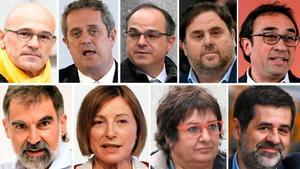 Los líderes independentistas encarcelados. Arriba: Romeva, Forn, Turull, Junqueras, Rull. Abajo: Cuixart, Forcadell, Bassa y Sànchez.