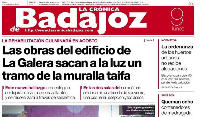 Esta es la portada de LA CRÓNICA DE BADAJOZ correspondiente al día 9 de marzo del 2020