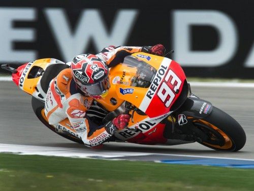 Honda MotoGP rider Marquez takes a curve during the Dutch Grand Prix in Assen