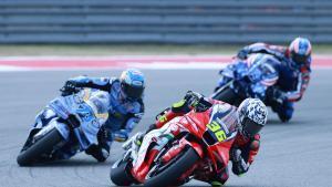 AME8837. AUSTIN (ESTADOS UNIDOS), 29/03/2026.- Joan Mir (c) del equipo Honda HRC Castrol participa este domingo, en la competencia del Gran Premio de los Estados Unidos disputada en el Circuito de Las Américas en Austin (EE.UU.). EFE/ Carlos Ramirez. gp de las americas 2026. circuito de las americas