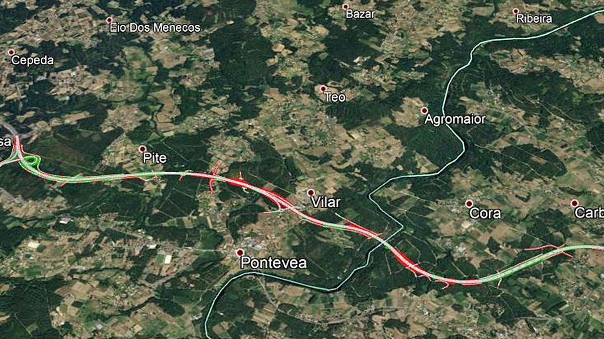 Traza de 7,5 kilómetros que continuaría, con dos tramos, la AG-59 desde A Ramallosa (Teo) y O Rollo (A Estrada) | .