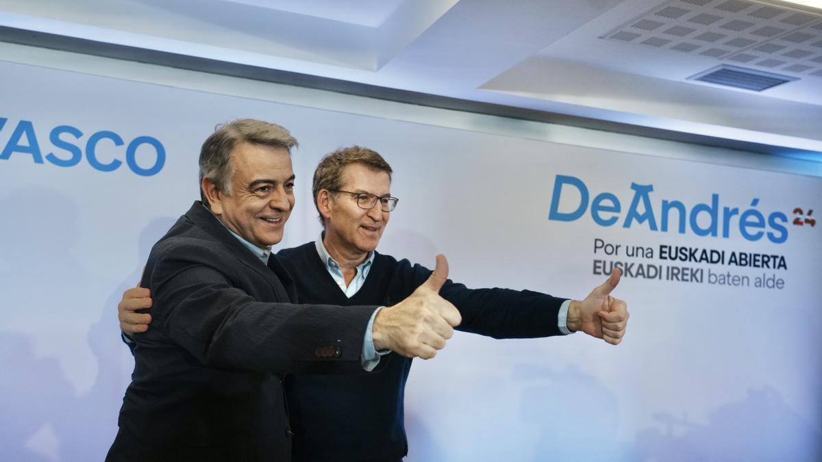 El líder de los populares vascos, Javier de Andrés (i), y el presidente del PP, Alberto Núñez Feijóo (d), durante la presentación oficial de la candidatura a las vascas.