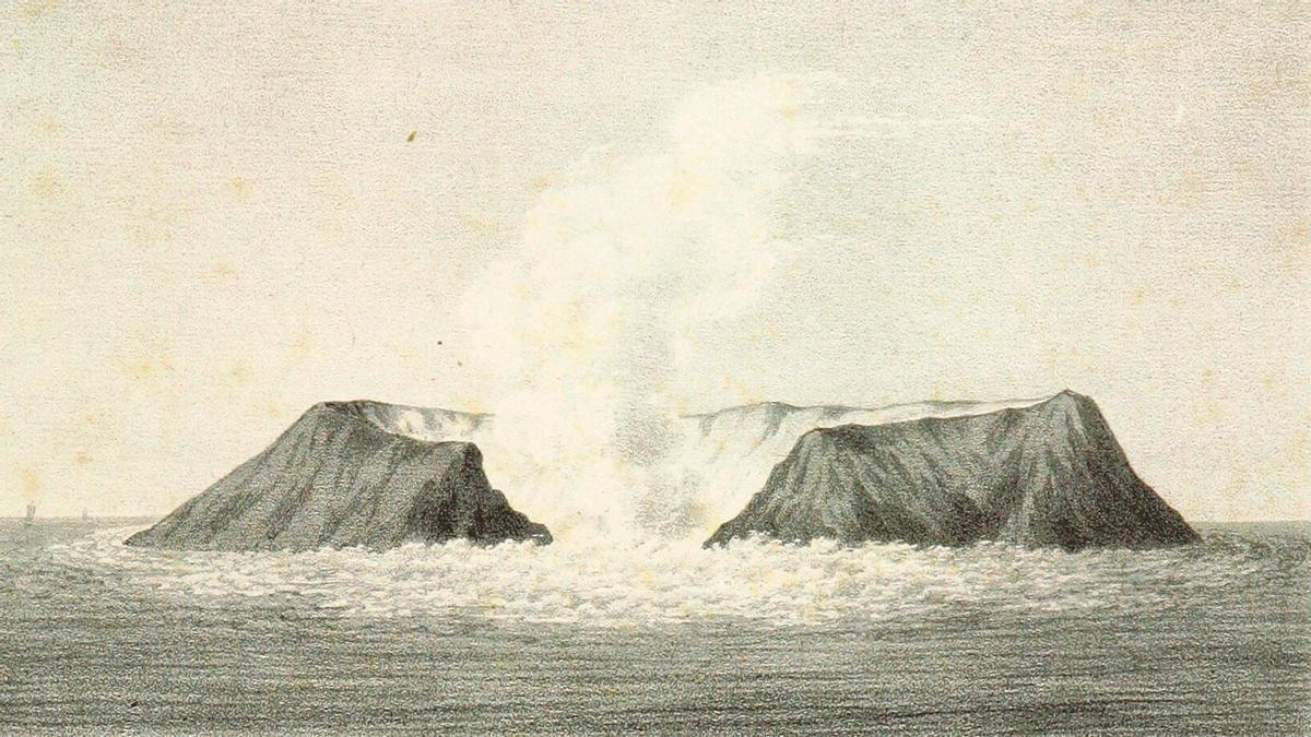 Grabado de la efímera isla Ferdinandea.