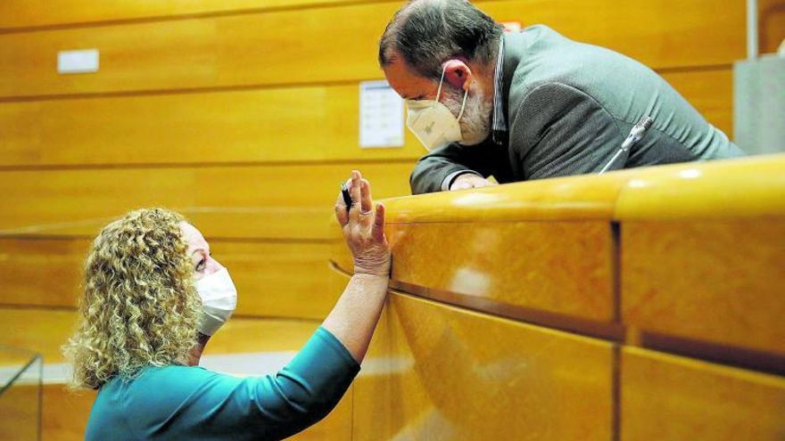 Francisco Fernández Marugán conversa con la senadora canaria del PSOE durante su comparecencia en la Cámara Alta.