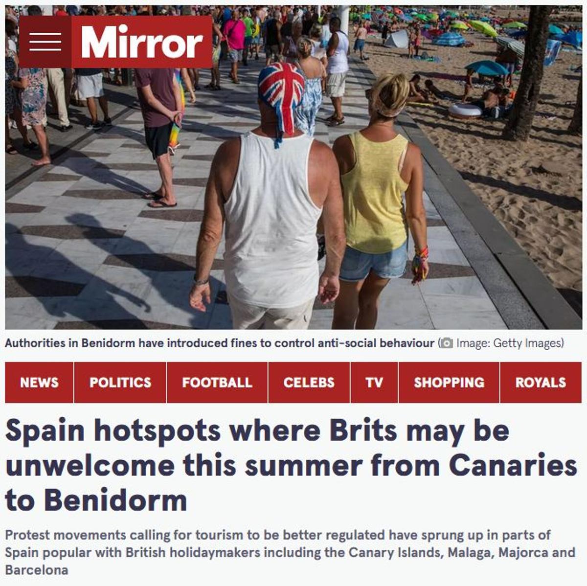 La portada de la página del tabloide británico &quot;The Mirror&quot; con Benidorm en la imagen y el titular.