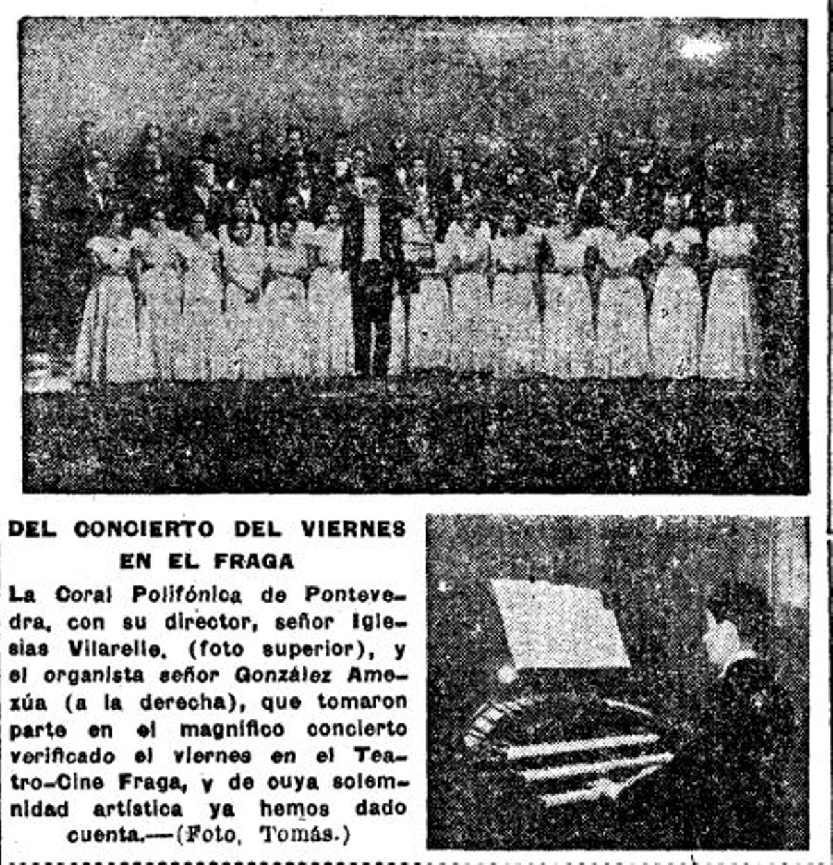 Breve crónica publicada en FARO en 1949 con una foto de Amezúa inaugurando el instrumento monumental.