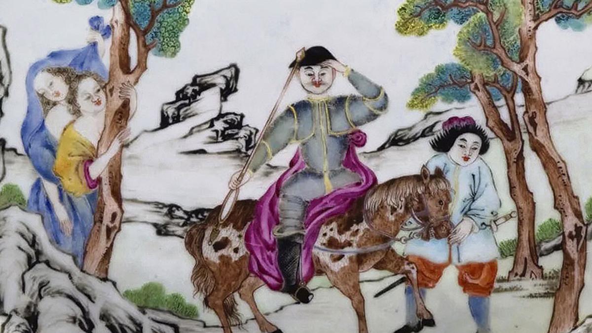 Plato de porcelana con la imagen de don Quijote y Sancho observados por las mozas de la venta. Dinastía Qing, finales del siglo XVIII.