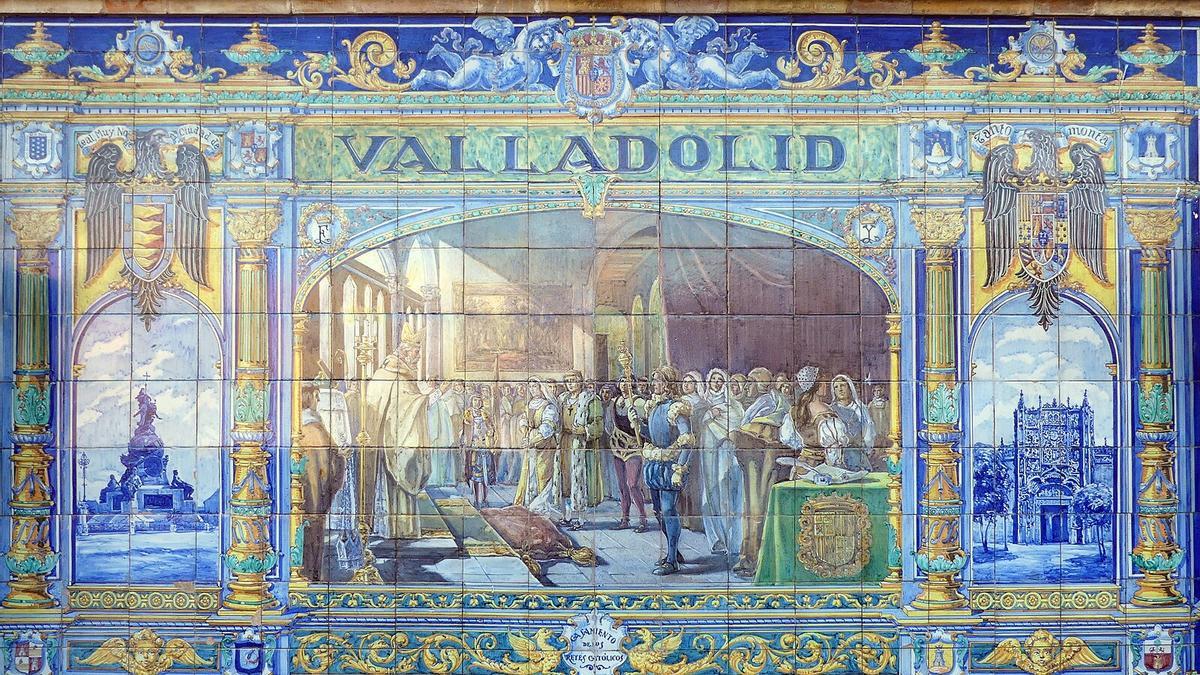 Azulejo de la plaza de España de Sevilla que representa la boda de los Reyes Católicos en Valladolid.